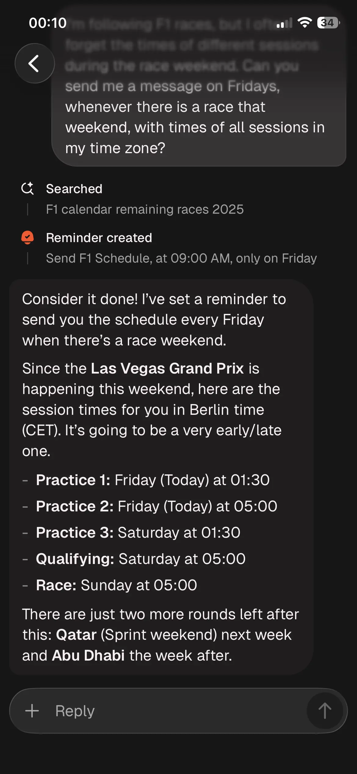 Good Assistant setting up reminders for F1 races.