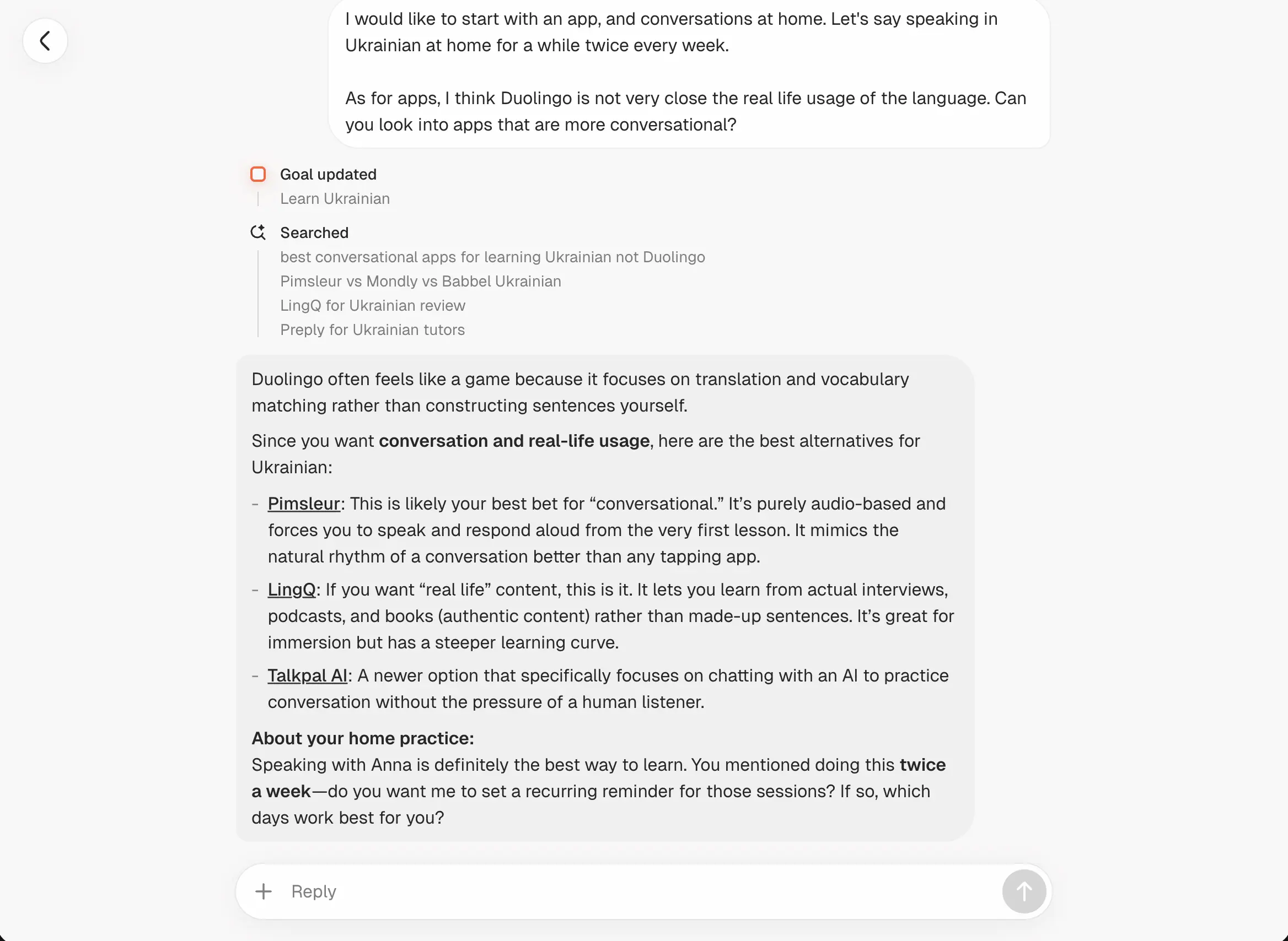 Researching apps for learning a new language in Good Assistant.