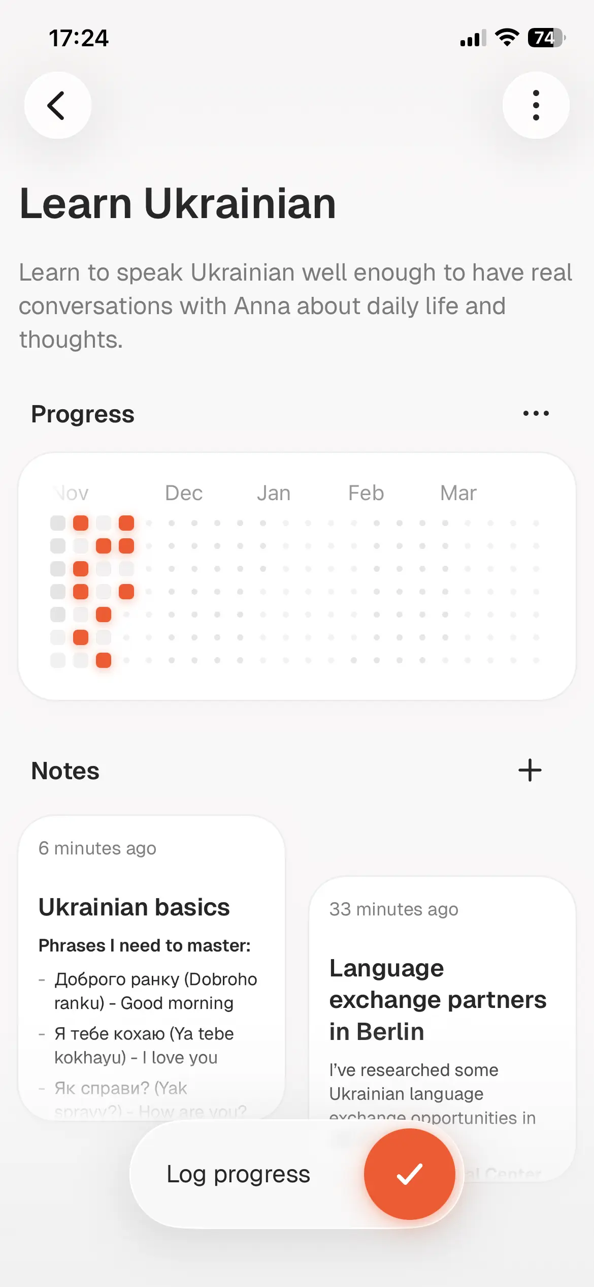 Goal screen with a visual timeline of progress and related notes in Good Assistant.