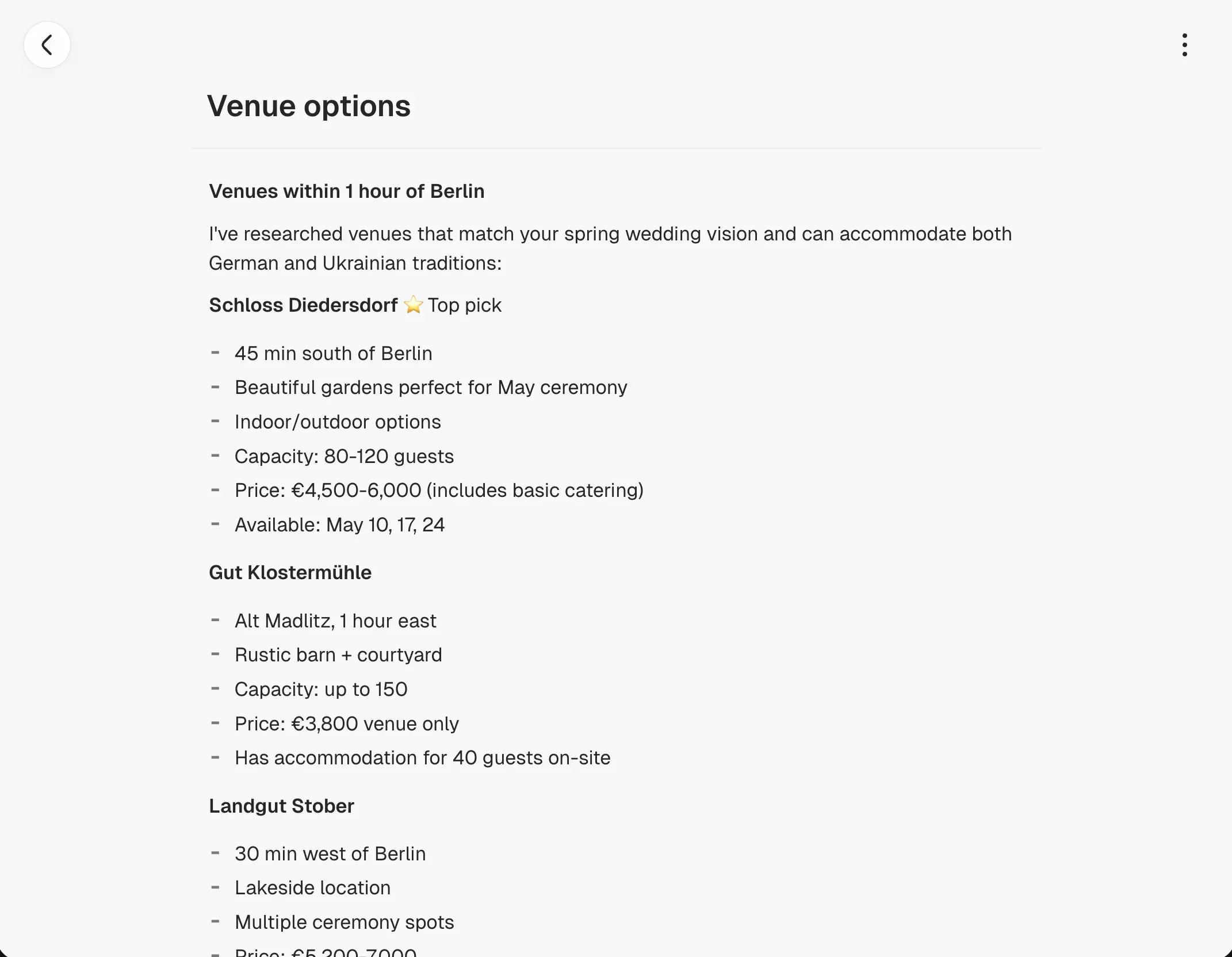 Note about wedding venues in Good Assistant.